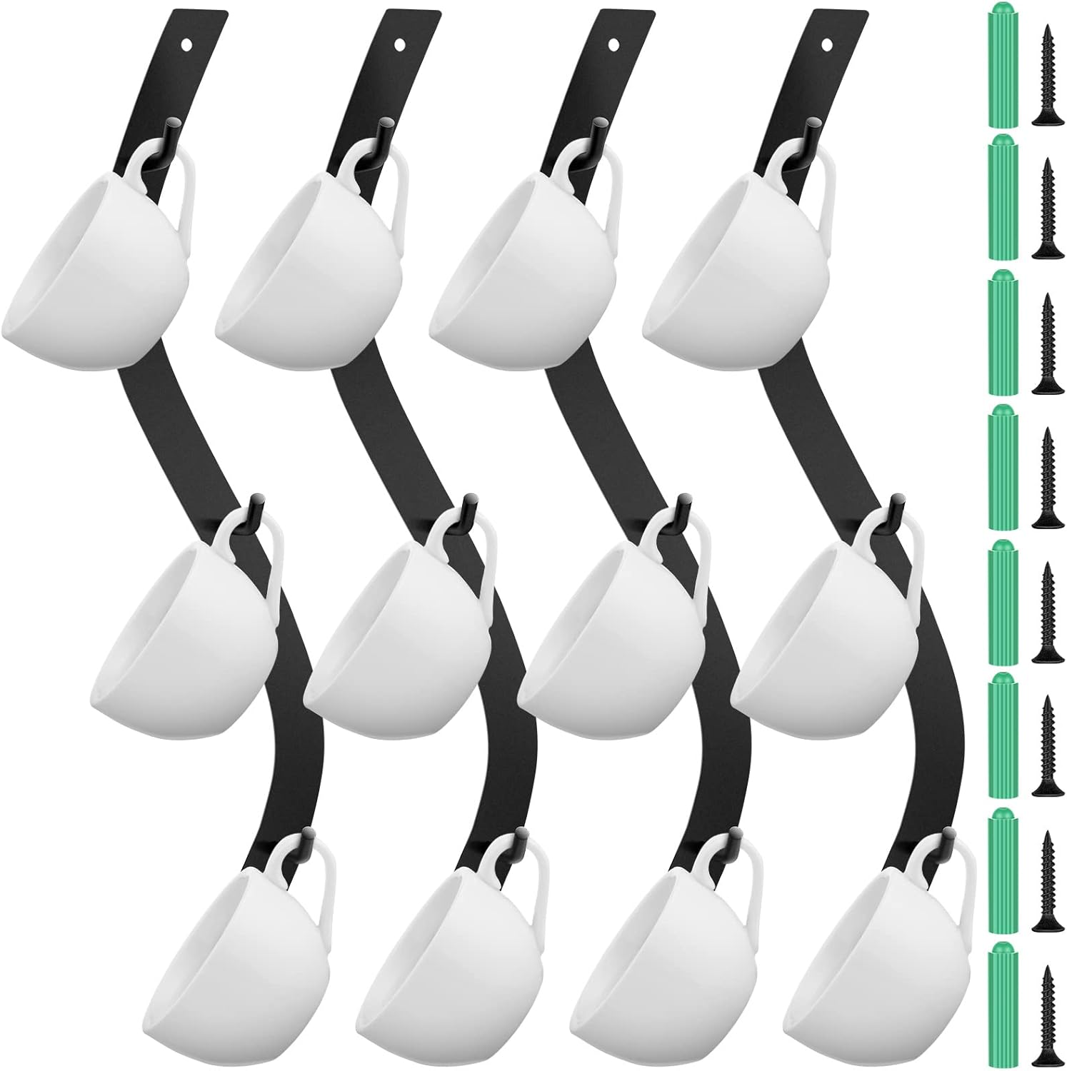 Sosation 4 Pack Coffee Mug Wall Rack Mounted with 12 Hooks S Curve Metal Coffee Cup Rack Wall Hanging Holder for Bar Kitchen Corner Station Decor Display