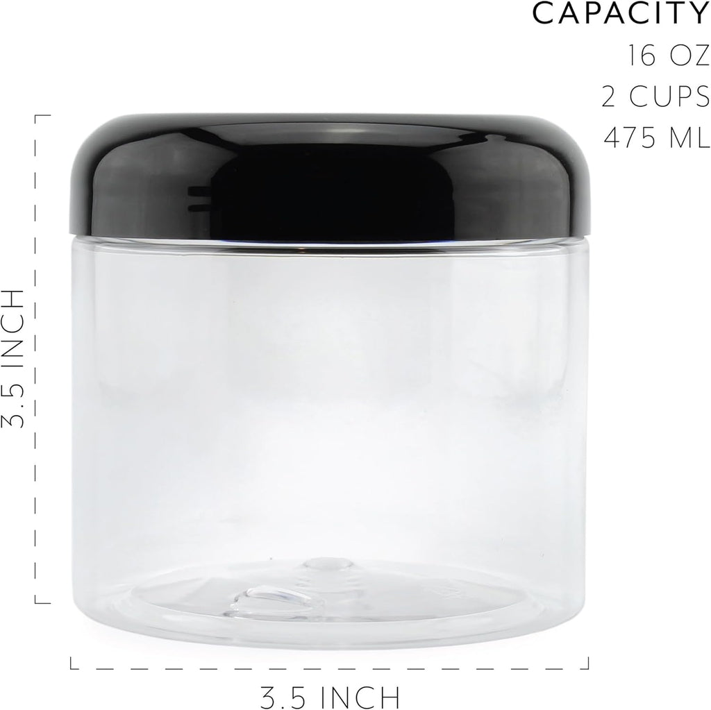 Cornucopia Brands 16oz Clear Plastic Jars w/Domed Lids (6-Pack); BPA Free PET Stackable Straight Sided Canisters for Bathroom & Kitchen Storage
