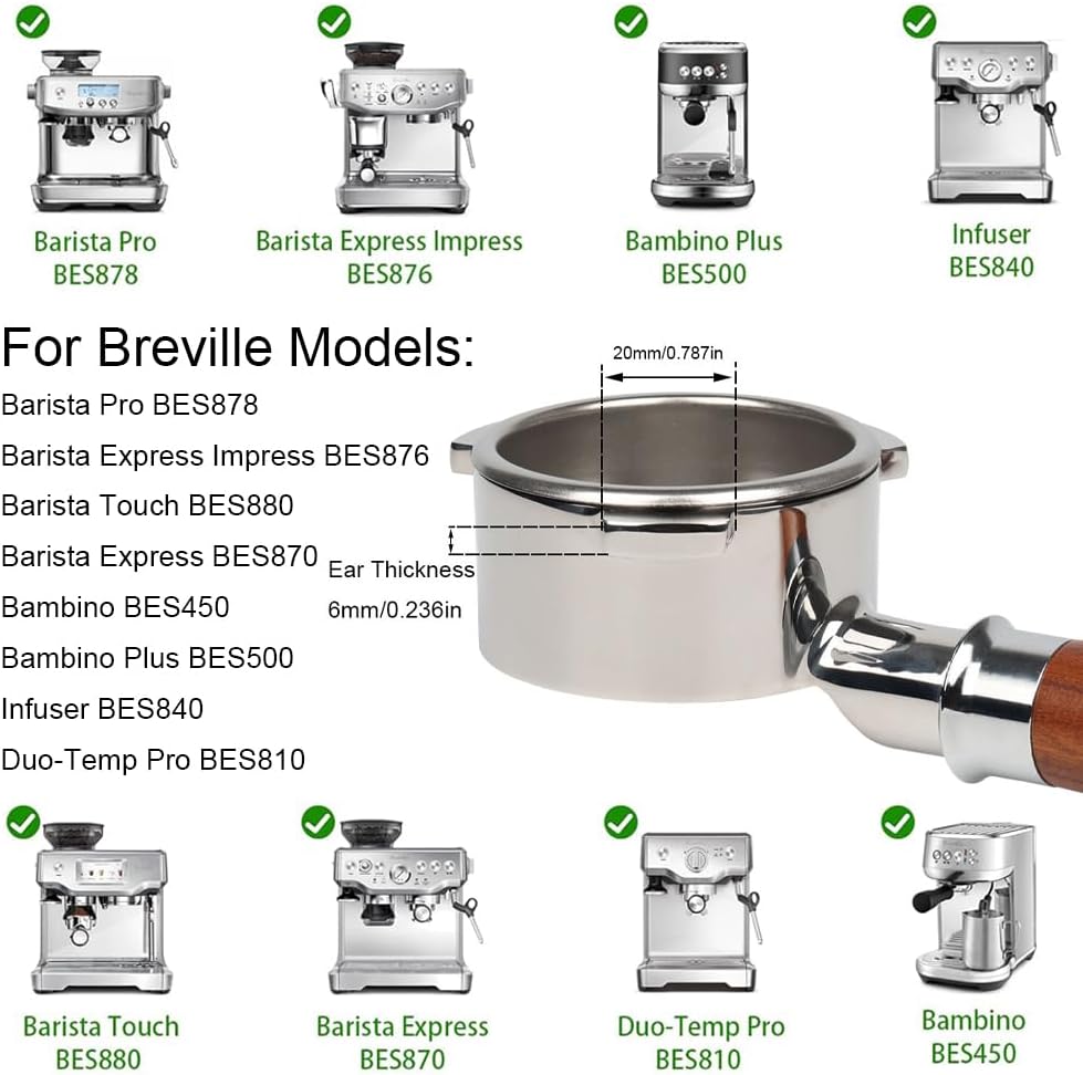 Bottomless Portafilter 54mm Compatible for Breville Barista Express, Pro, Touch, and Impress | Wooden Handle
