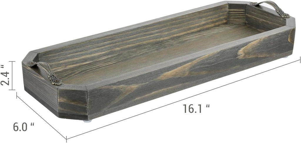 MyGift 2 Piece Narrow Wooden Vanity Tray, Vintage Gray Solid Wood Toilet Tank Tray, Decorative Octagonal Cosmetic Organizer with Antique Metal Handles
