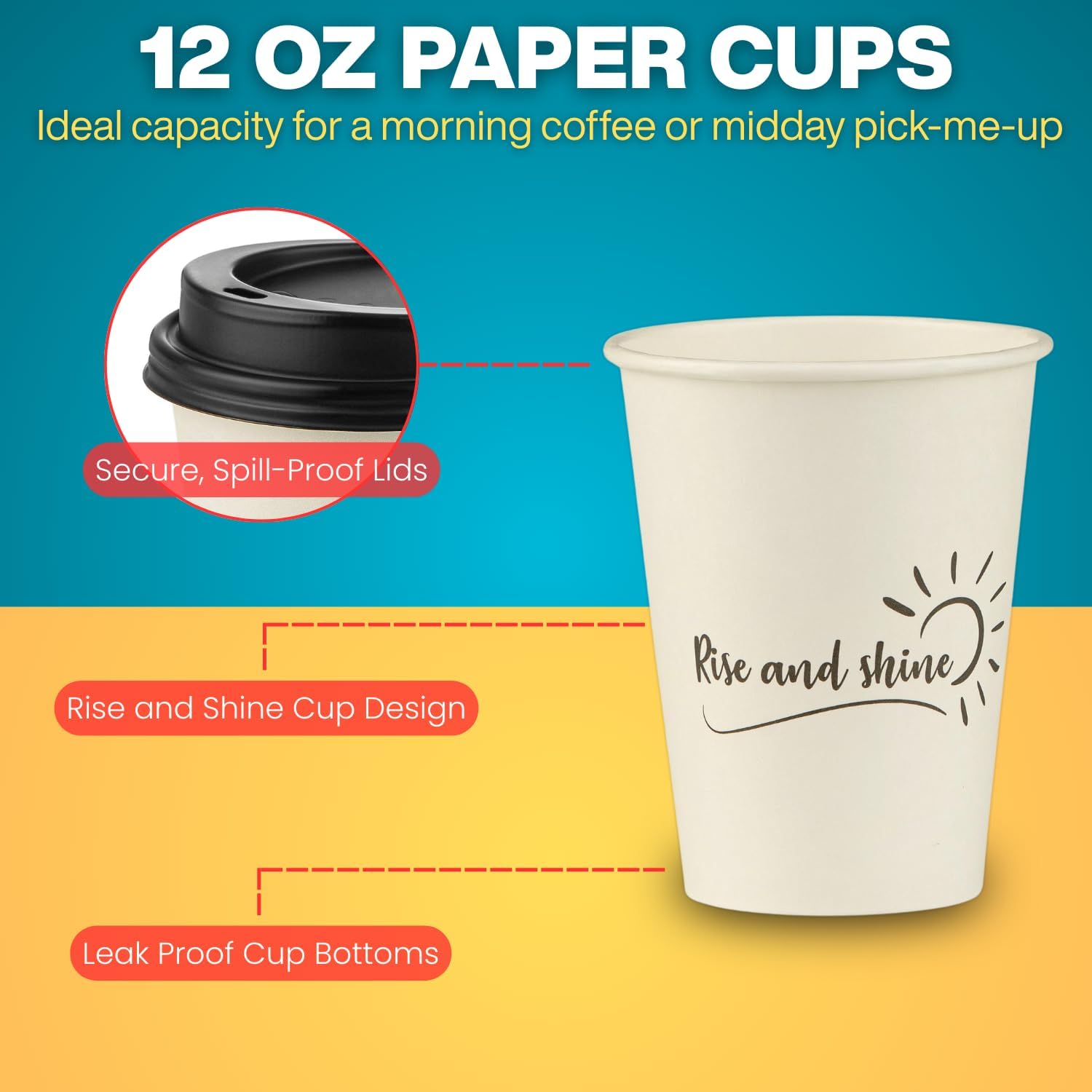 Smygoods Disposable Coffee Cups with Lids, To Go Paper Hot Cups, Rise and Shine Design (12 OZ, 50 Count) For Hot Beverages, Coffee, Tea, Espresso, Cocoa - Vasos Para Cafe