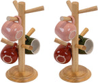 Pack 2 Mug Tree 6 Hooks Rubberwood 13.5"x7"x7", Strudy & Thick Base, Large & Small Cup Holder Tree Wooden for Jewelry, Kitchen Tools, Pantry, Ornaments, Countertop, Table Organizer (Natural)