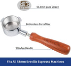 54mm Bottomless Portafilter - 3-Ear Stainless Steel - For Breville Barista Express (BES870, 878, 875, 840, Duo-Temp Pro) - Solid Wood Handle