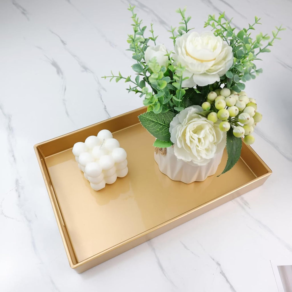 Spsyrine Gold Bathroom Vanity Tray with Handles for Dresser Tops, Countertop, Perfume Decorative Tray, 11.8” * 7.87” *1.37”