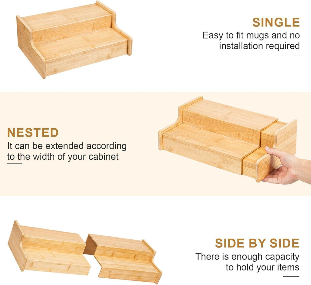 2-Tier Expandable Coffee Mug Holder, Mug Organizer for Kitchen Cabinets, Bamboo Mug Cup Rack, Multi-Functional Cup Holder Shelf, Coffee Bar Organizer, Home
