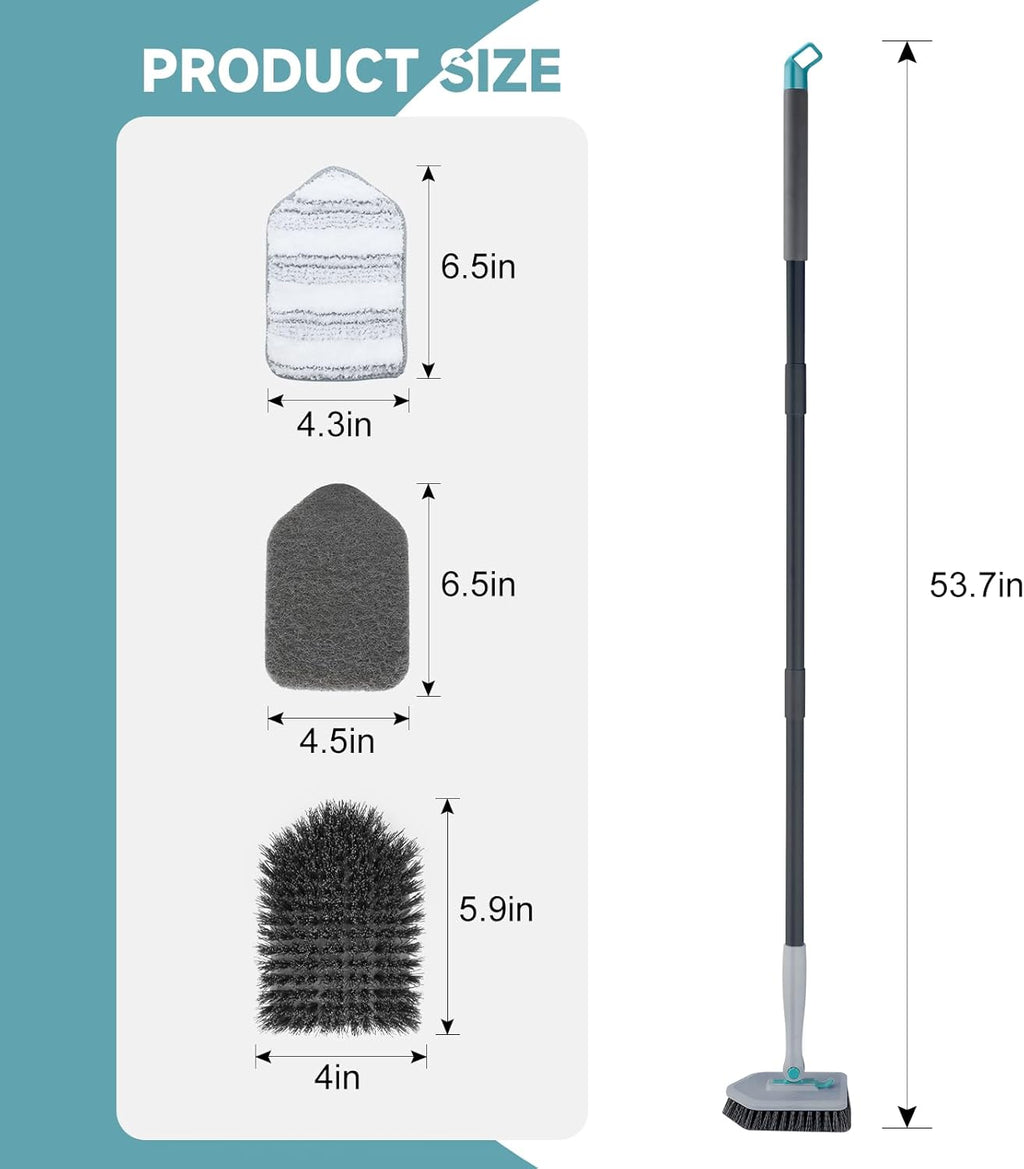 nacena Shower Scrubber with Long Handle, 3 in 1 Tile Tub Scrubber Brush with 3 Detachable Cleaning Heads Adjustable Handle Shower Cleaner Brush for Bathroom, Kitchen, Toilet, Wall, Sink, Black Grey