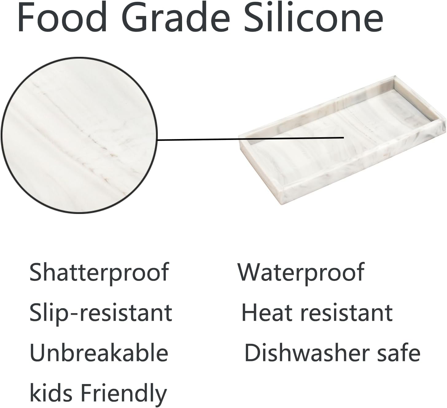 DNC 7.9" Small Silicone Bathroom Vanity Tray for Counter, Kitchen Sink Soap Tray for Dish Holder Dispenser Countertop Toilet Tank Desk Organizer Marble White