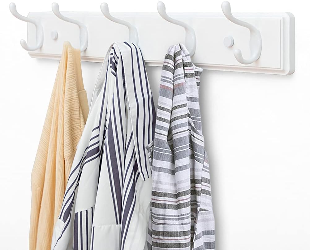 Wooden Coat Rack, Wall-Mounted Organizer for Closet, Entryway, Hallway, Foyer, Bedroom, Heavy Duty Double Hooks for Hanging Towels, Bags, Hats, Jackets, Key (White, 5 Hooks)