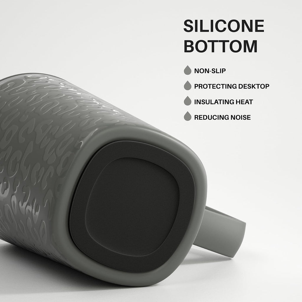 Ideus Vacuum Insulated Coffee Mug, 16oz Reusable Stainless Steel Thermal Double Walled cup with Handle and Slider Lid for Hot & Cold Beverages, BPA Free (Leapord Gray)