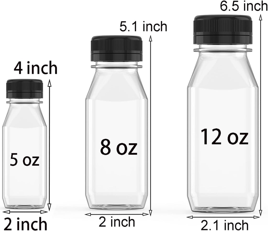 5 Pcs 8 oz Plastic Juice Bottle Reusable Transparent Bulk Beverage Containers with Black Lids for Juice, Drinking Milkshake Tea, Milk, Juicing Smoothie Water and Other Beverages, Fridge Storage
