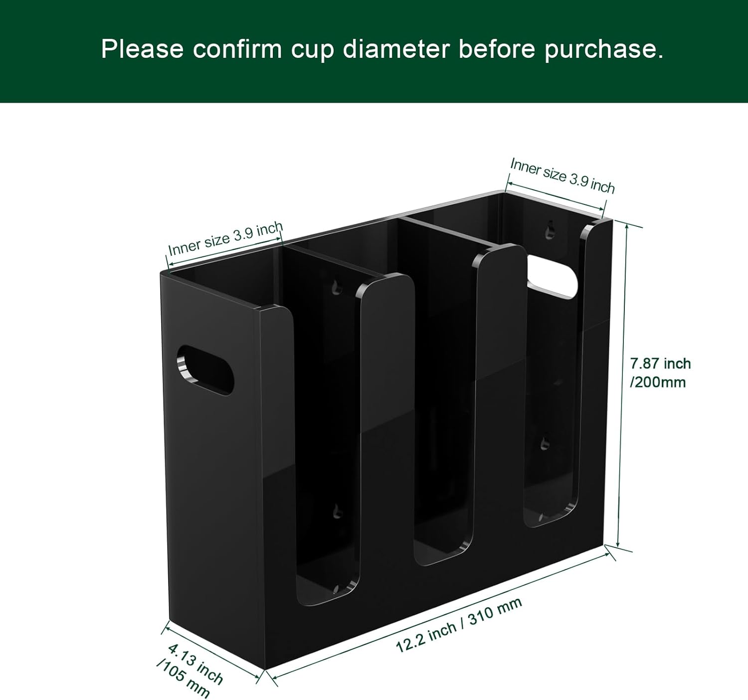 Disposable Coffee Cup Dispenser with Handles, Countertop or Wall Mount Hot/Cold Drink Cup and Lid Holder - Bathroom/Kitchen/Office Acrylic Cup Lid Storage Organizer (3 Compartments, Black)