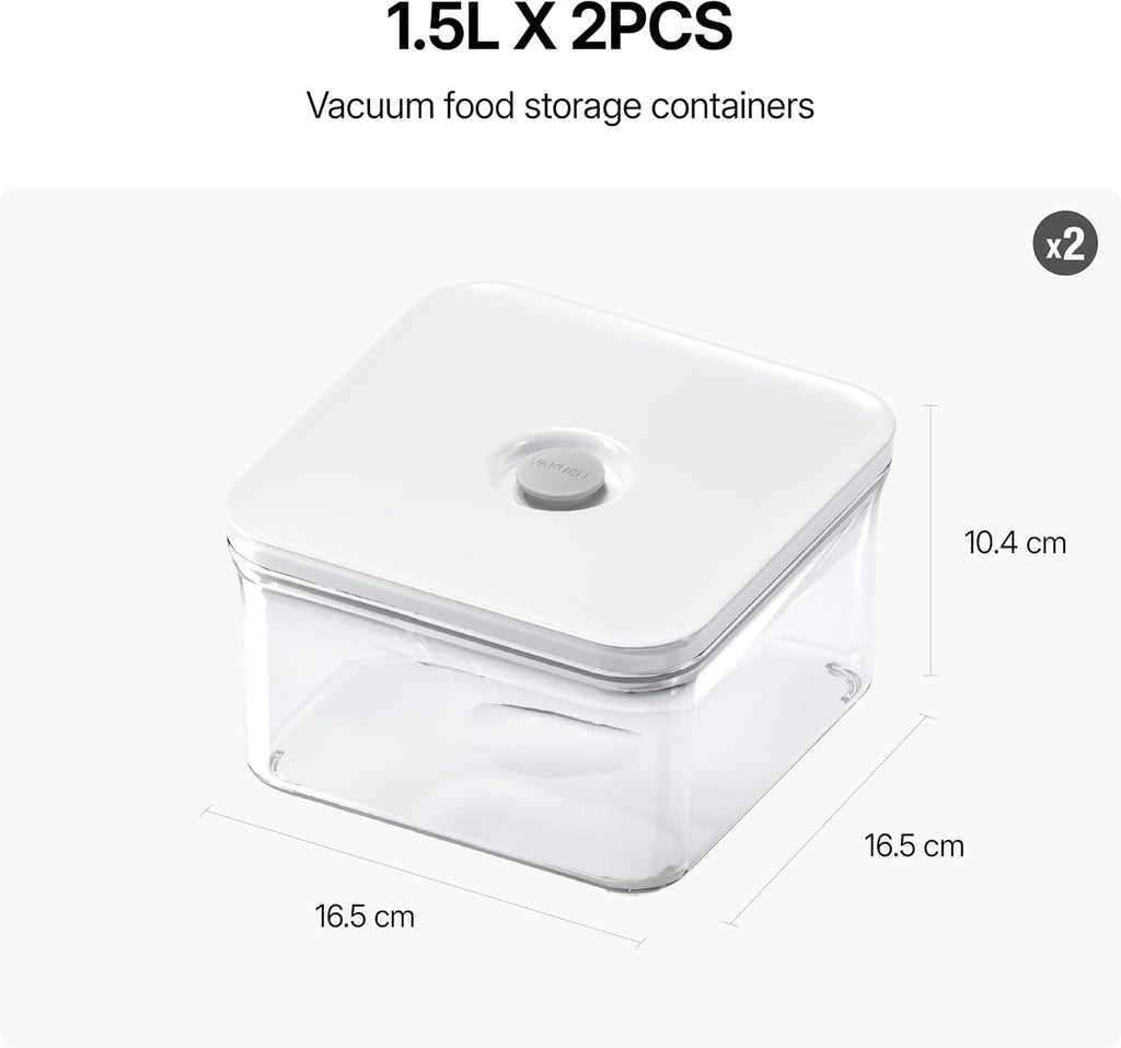 VAKUEN Premium Airtight Food Storage Containers, Square 2PC/Set(1.48qt/1.5Lx2pcs), Smart One-Click Seal Lid, No Hinges, 100% Leak Proof, BPA-FREE, Dishwasher, Freezer & Microwave Safe