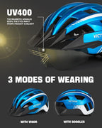 VICTGOAL Bike Helmet for Men Women with Led Light Detachable Magnetic Goggles Removable Sun Visor Mountain & Road Bicycle Helmets Adjustable Size Adult Cycling Helmets