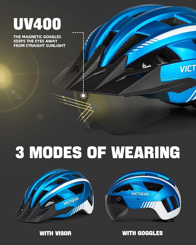 VICTGOAL Bike Helmet for Men Women with Led Light Detachable Magnetic Goggles Removable Sun Visor Mountain & Road Bicycle Helmets Adjustable Size Adult Cycling Helmets