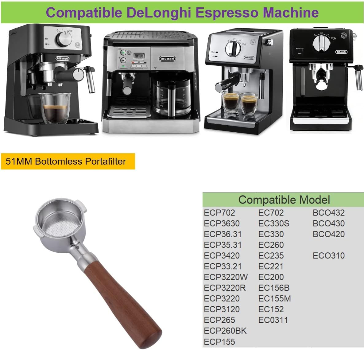 51mm Bottomless Portafilter Compatible with DeLonghi Espresso Machine ECP3420/ECP3630/ECP3120/EC260BK/EC265/EC155/EC702/BCO430 Stainless Steel Portafilter 2 Ear Filter Basket-Wooden