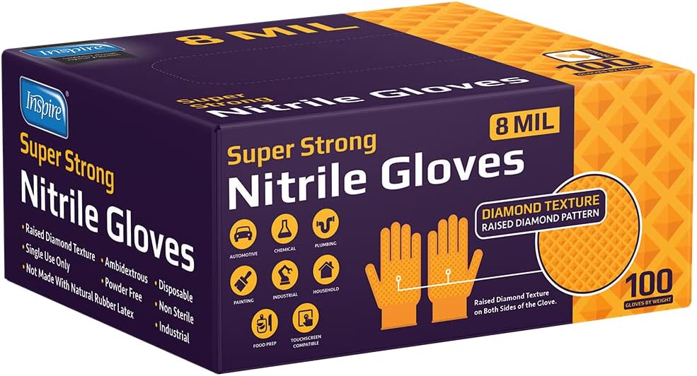 Inspire HEAVY DUTY ORIGINAL Stretch Nitrile Black Gloves Disposable Latex Free | Food, Mechanic, 6mil Black or 8 Mil Orange
