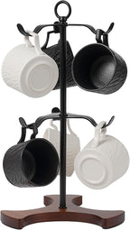 Mug Tree Y-Shaped, Coffee Mug Holder with Angled - Out Iron Hooks (No More Squeezing!), Solid Wood Base & Sturdy Iron Coffee Cup Rack, 6 Hook, Tools Included, Easy Install, Elevate Kitchen Nook Décor