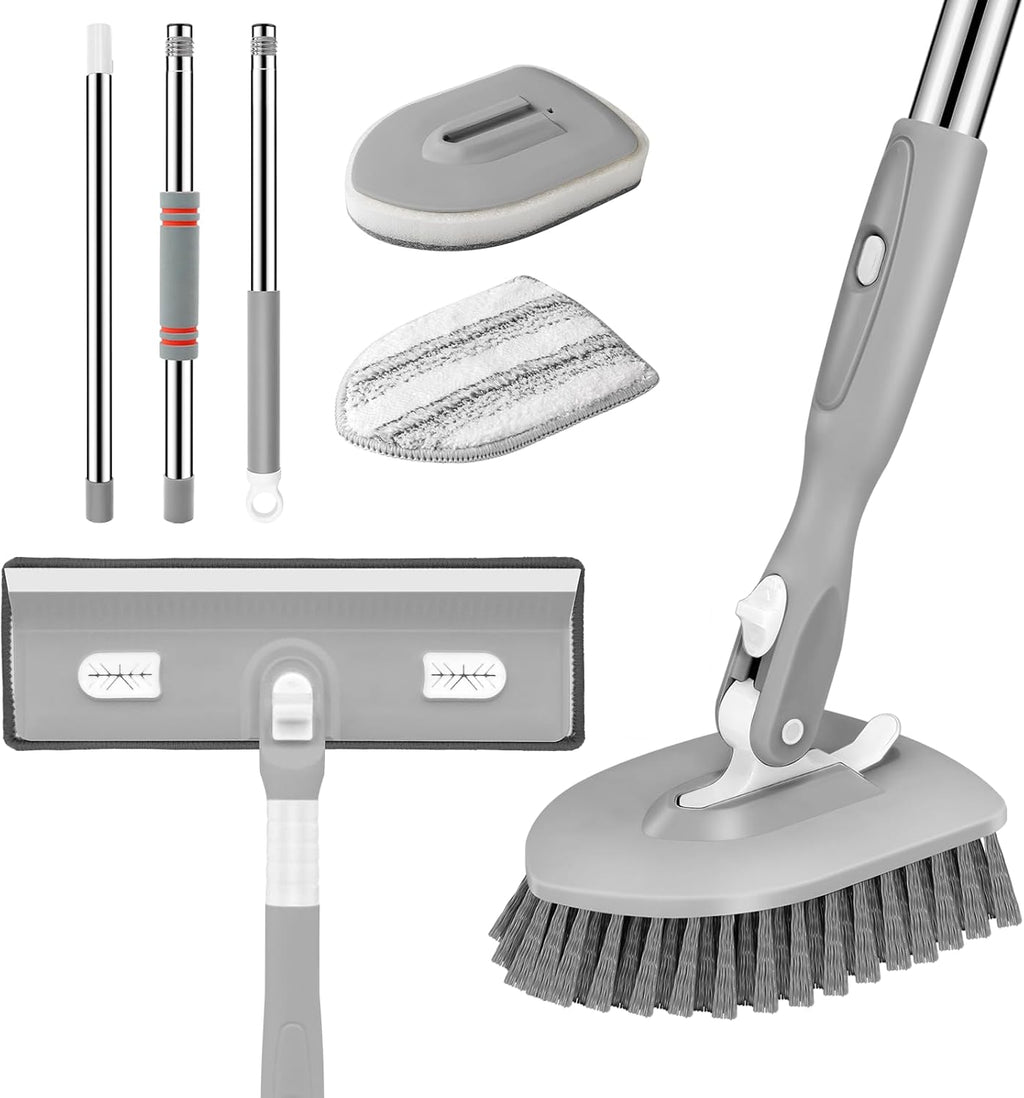 SetSail 4-in-1 Tile Tub Floor Scrubber with 52-inch Adjustable Long Handle Shower Cleaner Brush with Window Scrubber and 3 Replacement Brush Heads for Bathroom Kitchen Walls Tub Tile Sink, Grey