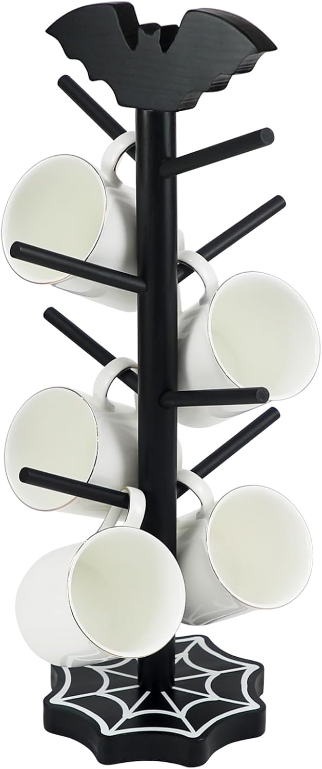 Bat Mug Holder Tree - 8 Hooks Coffee Mug Rack - Gothic Home Decor Wood Coffee Mug Tree for Countertop - Coffee Cup Holder for Halloween Kitchen Organizer & Coffee Bar Accessories (Spider Web)