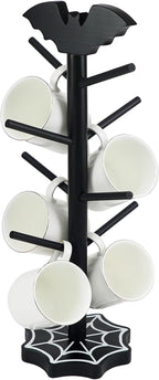 Bat Mug Holder Tree - 8 Hooks Coffee Mug Rack - Gothic Home Decor Wood Coffee Mug Tree for Countertop - Coffee Cup Holder for Halloween Kitchen Organizer & Coffee Bar Accessories (Spider Web)