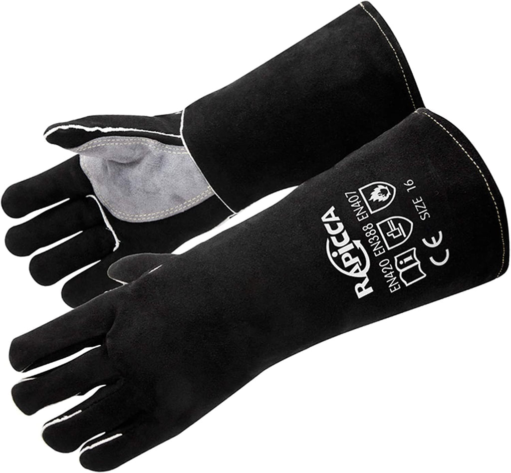 RAPICCA Fireplace Gloves Fire Heat Resistant: Black 14IN - Fireproof Leather for Fireplace Fire Pit Wood Stove Campfire Furnace BBQ Grill Oven Stick Mig Welding Welder Gear - Birthday Gift for men