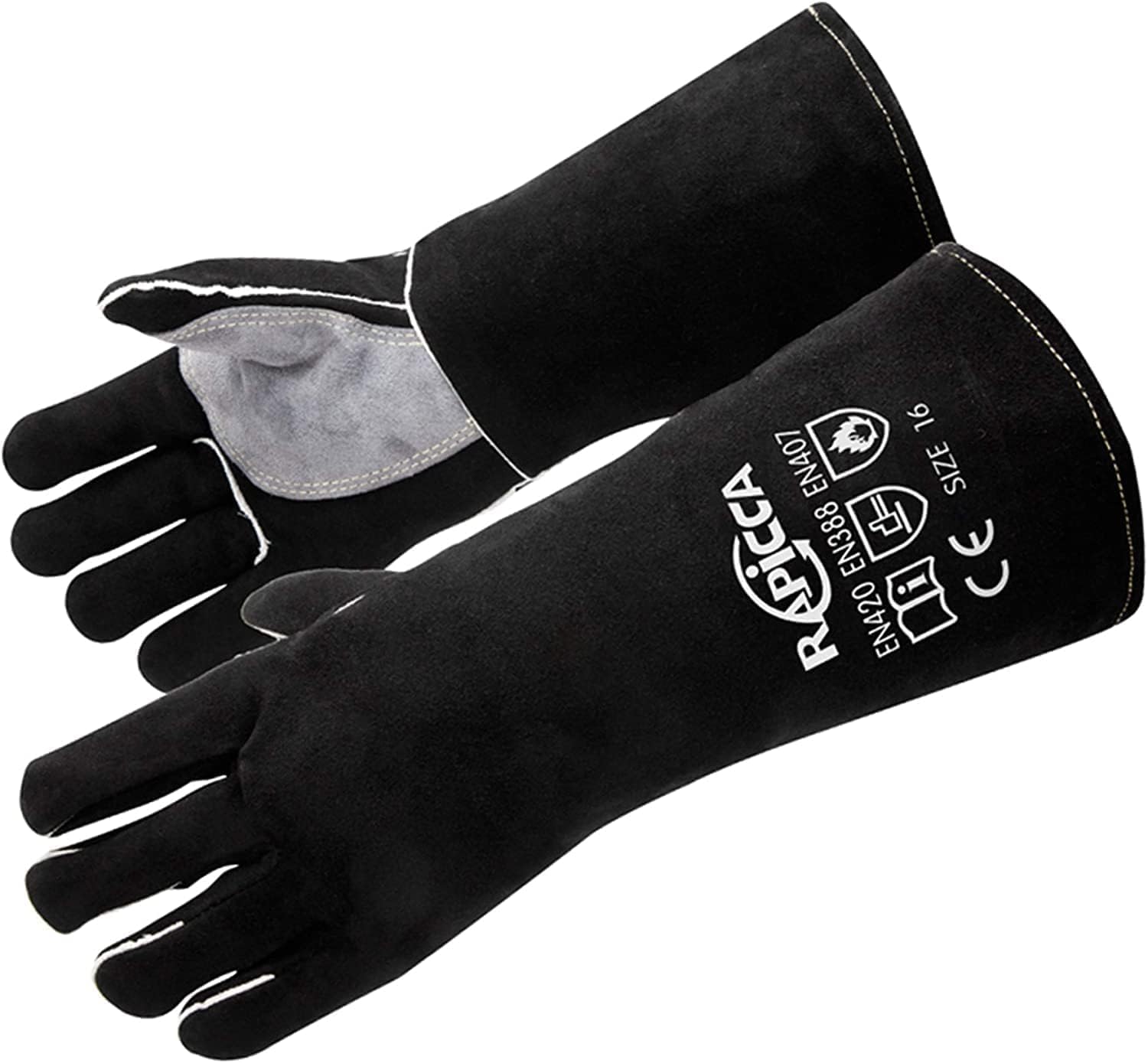 RAPICCA Fireplace Gloves Fire Heat Resistant: Black 14IN - Fireproof Leather for Fireplace Fire Pit Wood Stove Campfire Furnace BBQ Grill Oven Stick Mig Welding Welder Gear - Birthday Gift for men