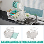 2 Tier Large Dish Drying Rack - Extendable Dish Rack, 2-in-1 Anti-Rust Stainless Steel Dishrack for Kitchen Counter and Sink, Dish Strainer with Utensil Holder & Cup Holder(White)
