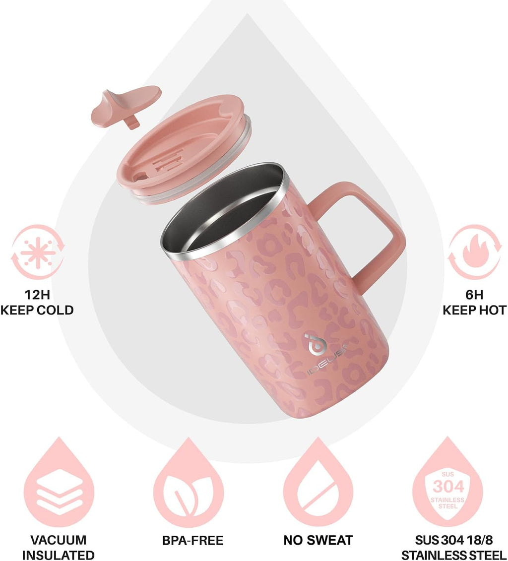 Ideus Vacuum Insulated Coffee Mug, 16oz Reusable Stainless Steel Thermal Double Walled cup with Handle and Slider Lid for Hot & Cold Beverages, BPA Free (Leapord Pink)
