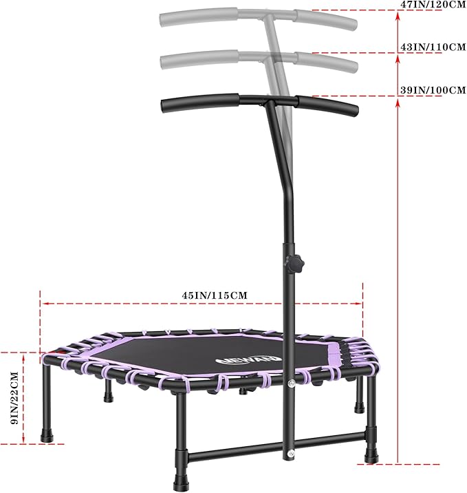 Newan 45'' Fitness Trampoline with Adjustable Handle Bar, Silent Trampoline Bungee Rebounder Jumping Cardio Trainer Workout for Adults - Mini Trampoline Max Limit 330 lbs