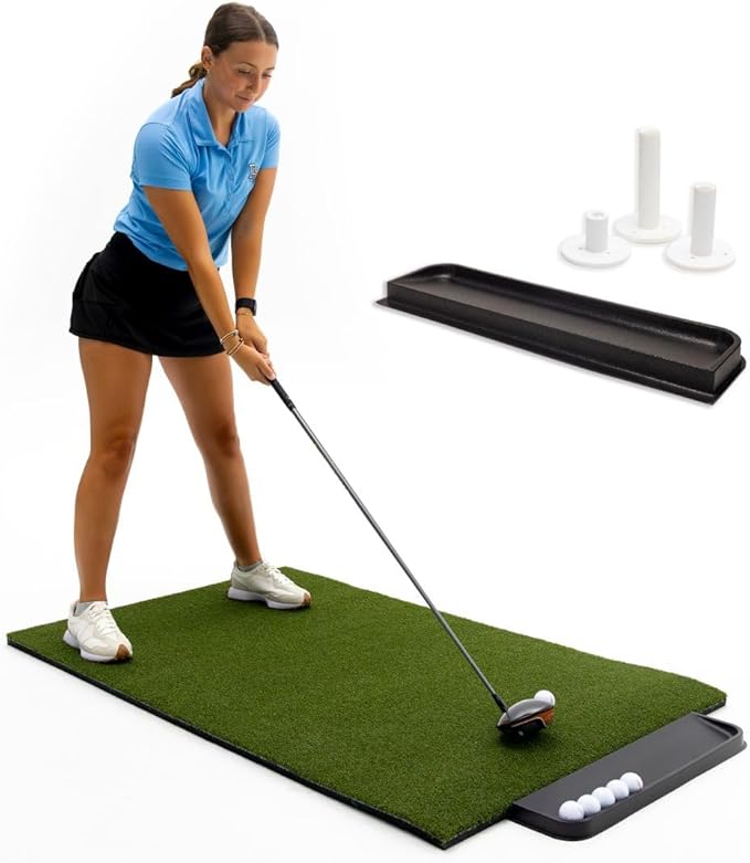 Premium Turf Indoor/Outdoor Golf Mat. Bonus Tray + 3 Tees