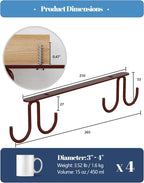 Mug Hooks Under Cabinet 3 Pack, Coffee Cup Hooks for Hanging Under Shelf, Mug Organizer Rack with 12 Hooks for Displaying Mugs, Coffee Cups and Kitchen Utensils, Brown