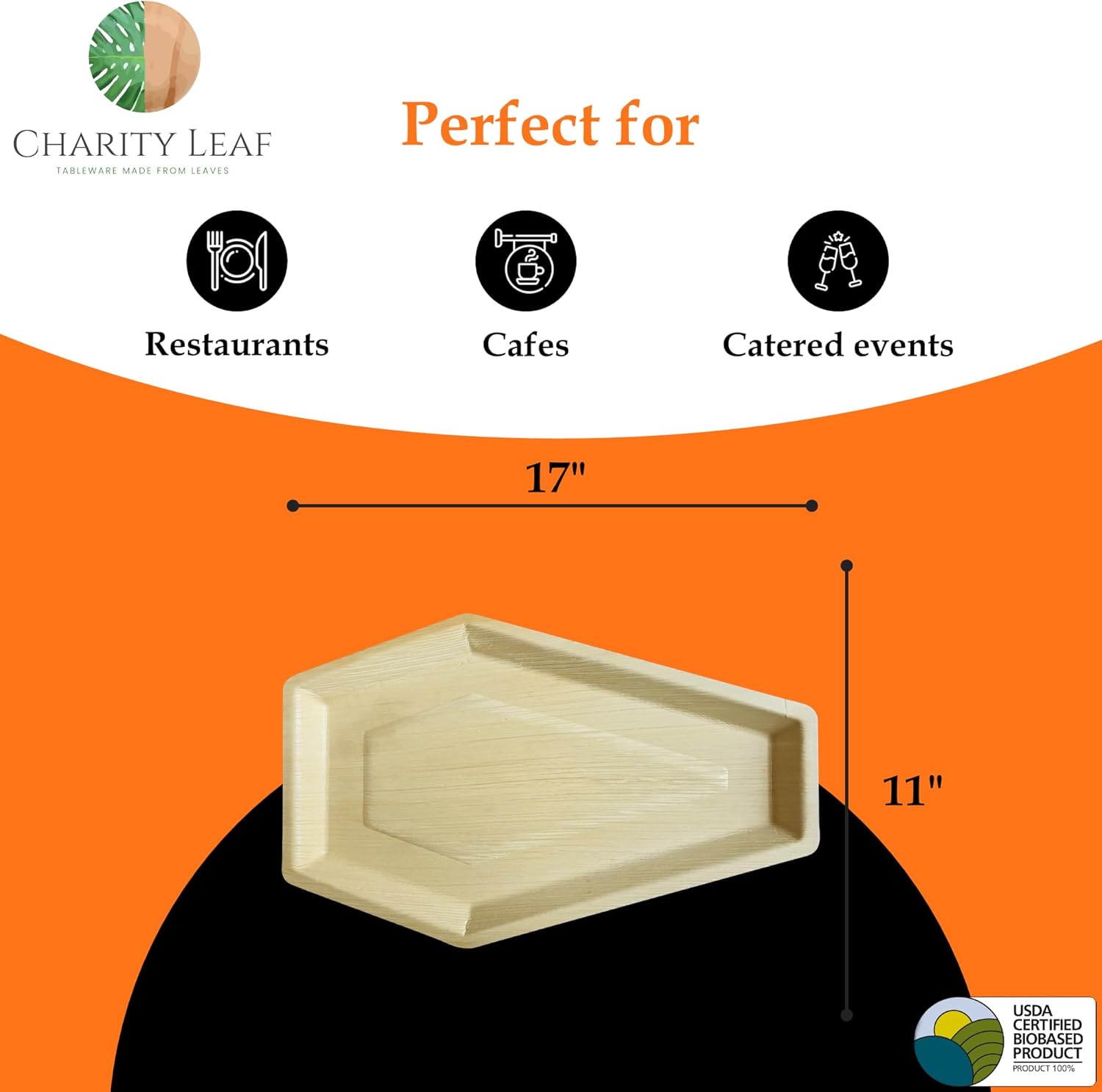 Charity Leaf Disposable Palm Leaf 17"x11" Coffin Trays (25 Pieces) Bamboo Like Serving Platters, Disposable Boards, Eco-Friendly Dinnerware for Christmas, Weddings, Catering, Events