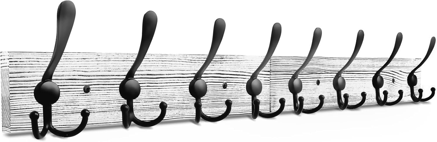 IBosins Wall Mounted Coat Rack, 31.4'' Long, Rustic Wood & Aluminum Coat Rack with 8 Black Tri-Hooks for Coat, Bag, Towel, Key, Hat, Umbrella