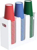 Disposable Coffee Cup Dispenser with Handles, Countertop or Wall Mount Hot/Cold Drink Cup and Lid Holder - Bathroom/Kitchen/Office Acrylic Cup Lid Storage Organizer (3 Compartments, White)