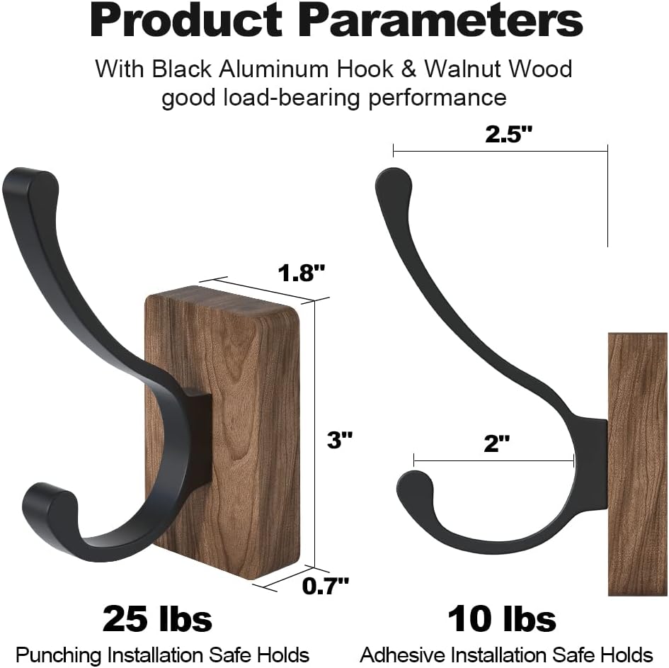 4 PCS Black Walnut Wood Wall Hooks Adhesive Mounted & Wall Mounted Rustic Decorative Entryway Hooks Mid Century Modern Natural Wooden Pegs for Hanging Coat Clothes Hat Bag Purse and Towel