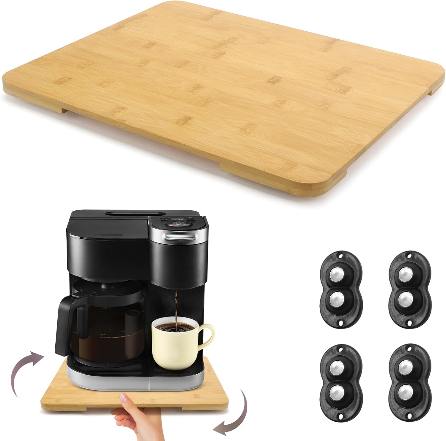 360° Rolling Tray Bamboo Appliance Slider for Kitchen Appliances, Coffee Maker Mat Tray for Countertops Sliding Tray for Coffee Maker Appliances Mat Easily from Under The Cabinet Natural11.6×13.9