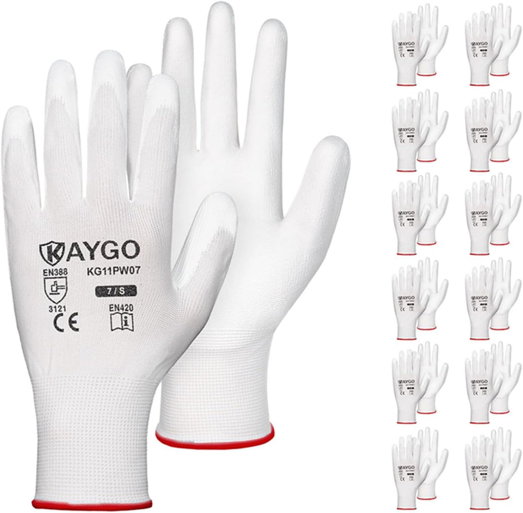 KAYGO Safety Work Gloves PU Coated-12 Pairs, KG11PB, Seamless Knit Glove with Polyurethane Coated Smooth Grip on Palm & Fingers, for Men and Women, Ideal for General Duty Work (Small, White)