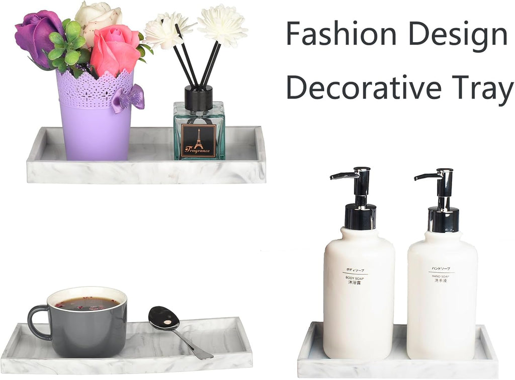 DNC Silicone Bathroom Vanity Tray for Counter, 11.8" Kitchen Sink Soap Tray for Dish Holder Dispenser Countertop Toilet Tank Decor Organizer Marble White