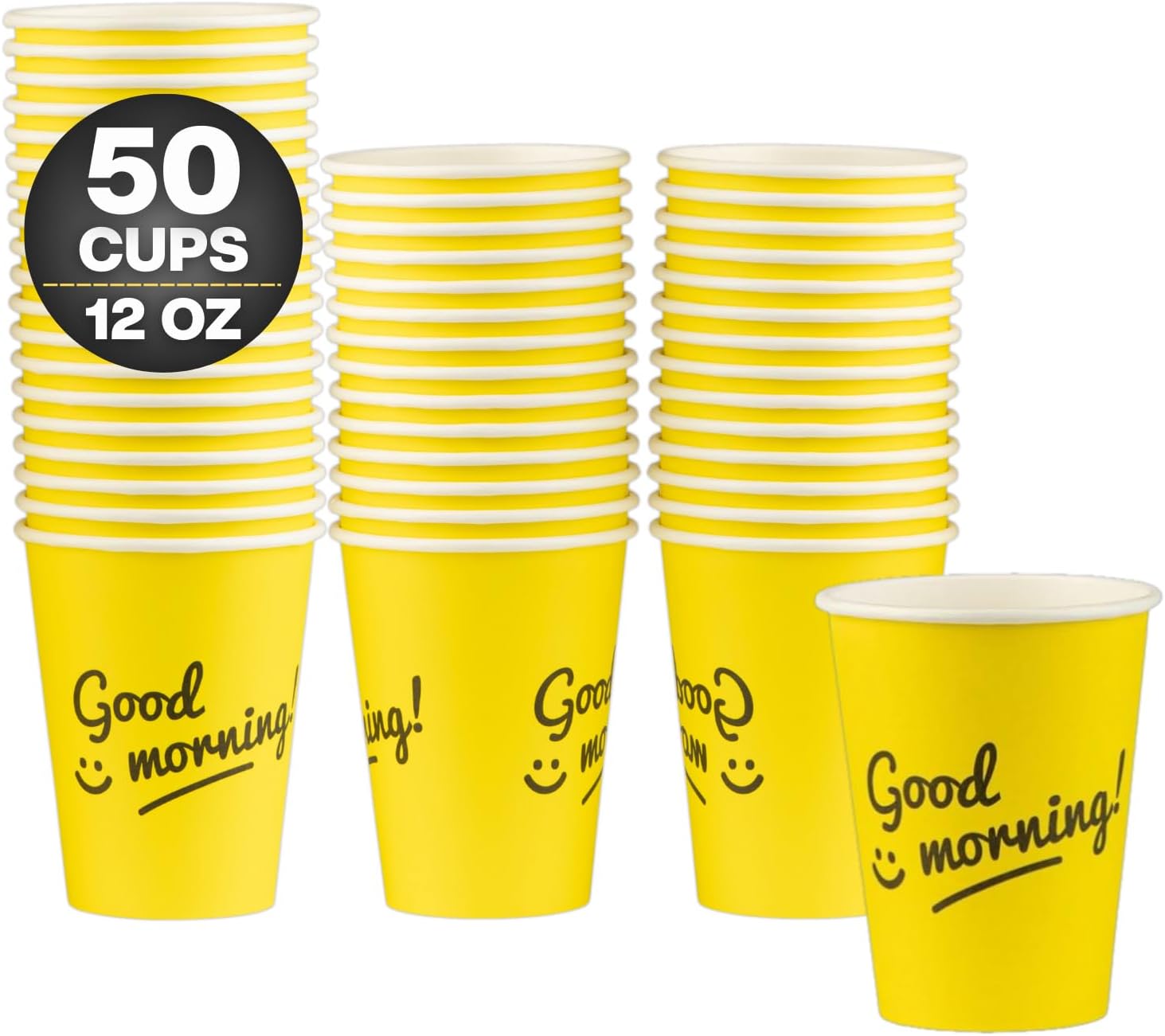 Smygoods Disposable Coffee Cups, To Go Paper Hot Cups, Good Morning Design (12 OZ, 50 Count) For Hot Beverages, Coffee, Tea, Espresso, Cocoa - Vasos Para Cafe