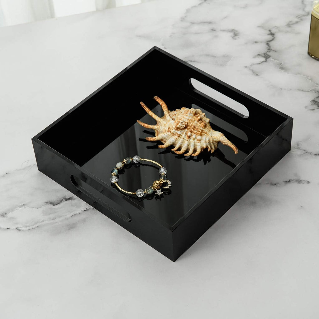 Black Sturdy Acrylic Tray with Handles-8x8 Inch- Countertop Organizer Tray for Kitchen,Bathroom,Office- Storage Box for Cosmetics, Jewelry,Toiletries,Toy,Gadgets