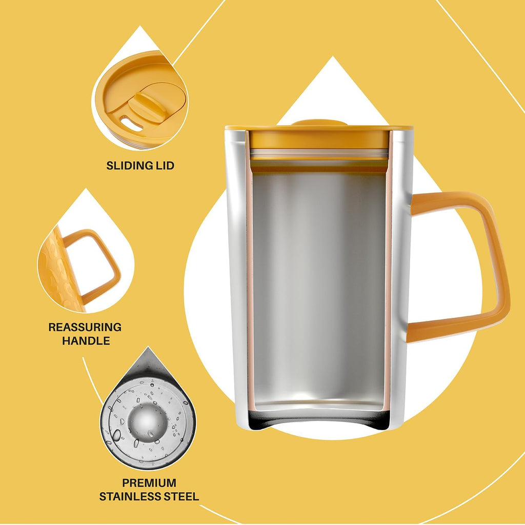 Ideus Vacuum Insulated Coffee Mug, 16oz Reusable Stainless Steel Thermal Double Walled cup with Handle and Slider Lid for Hot & Cold Beverages, BPA Free (Leapord Honey)