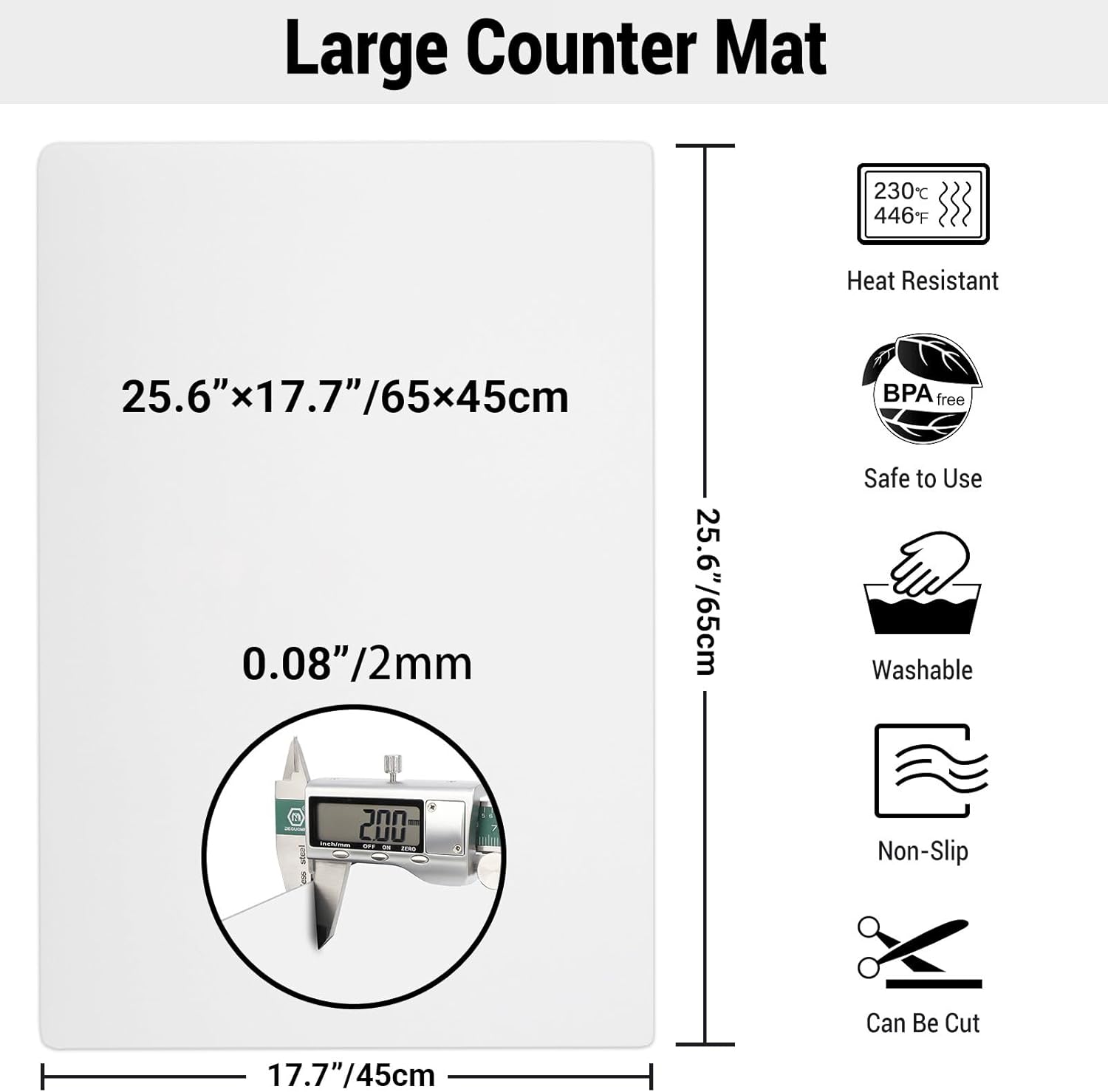 Ewen 25.6x17.7in 2mm Silicone Mats for Kitchen Counter, Extra Large Thick Heat Resistant Baking Mat, Silicone Countertop Protector Mat for Bar Air Fryer Crafts Work Glass Top Stove Cover Translucent