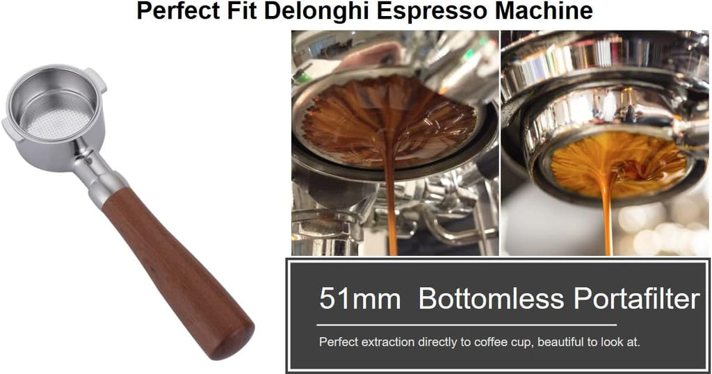 51mm Bottomless Portafilter Compatible with DeLonghi Espresso Machine ECP3420/ECP3630/ECP3120/EC260BK/EC265/EC155/EC702/BCO430 Stainless Steel Portafilter 2 Ear Filter Basket-Wooden