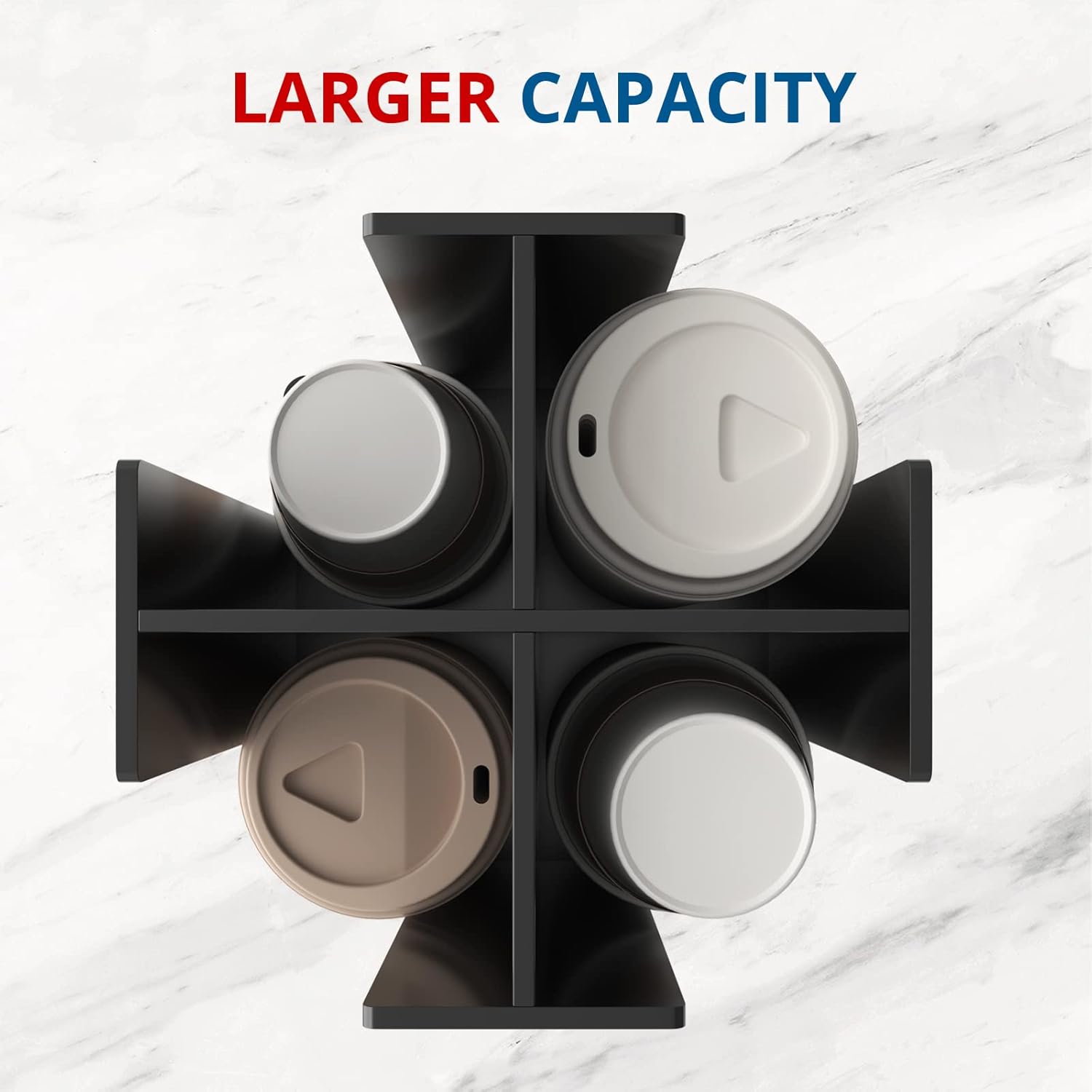Cup and Lid Holder, 4 Compartment, Square | Rotating Coffee Cup Dispenser Lid Carousel for Restaurant, Buffet, Coffee Station, Bar, Countertop, Black Acrylic