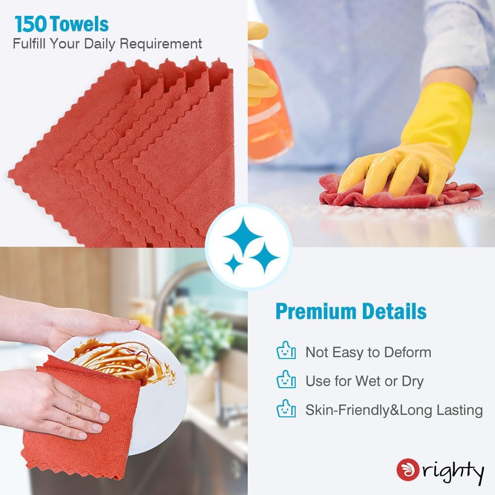 Orighty Cleaning Cloths Bulk, 150 Pack Shop Rags Reusable, Multi-Purpose Shop Towels for Cars, Microfiber Cleaning Rags for Automotive, Mechanic, Kitchen, Lint Free Towels 11.5’’ x 11.5’’, Red