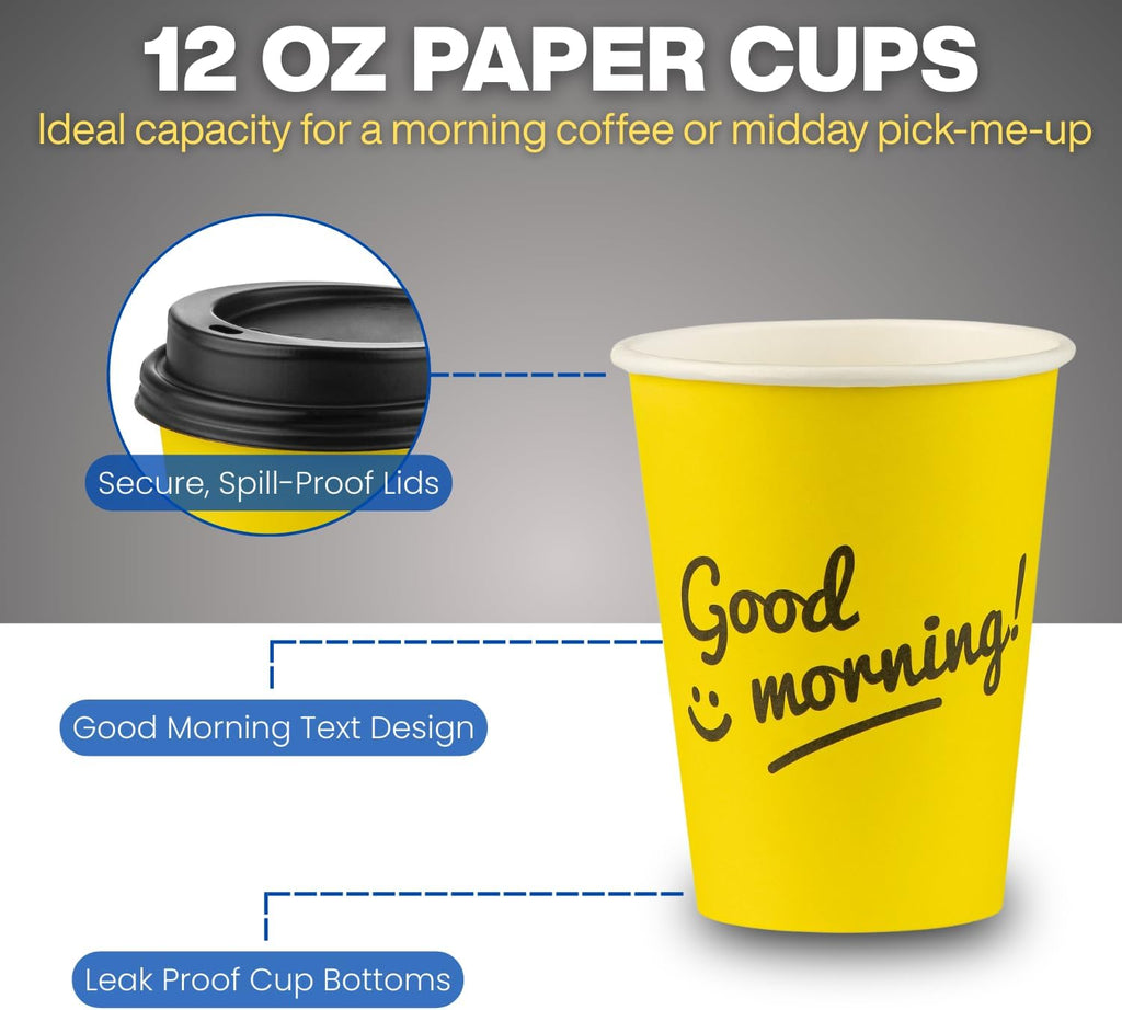 Smygoods Disposable Coffee Cups with Lids, To Go Paper Hot Cups, Good Morning Design (12 OZ, 50 Count) For Hot Beverages, Coffee, Tea, Espresso, Cocoa - Vasos Para Cafe