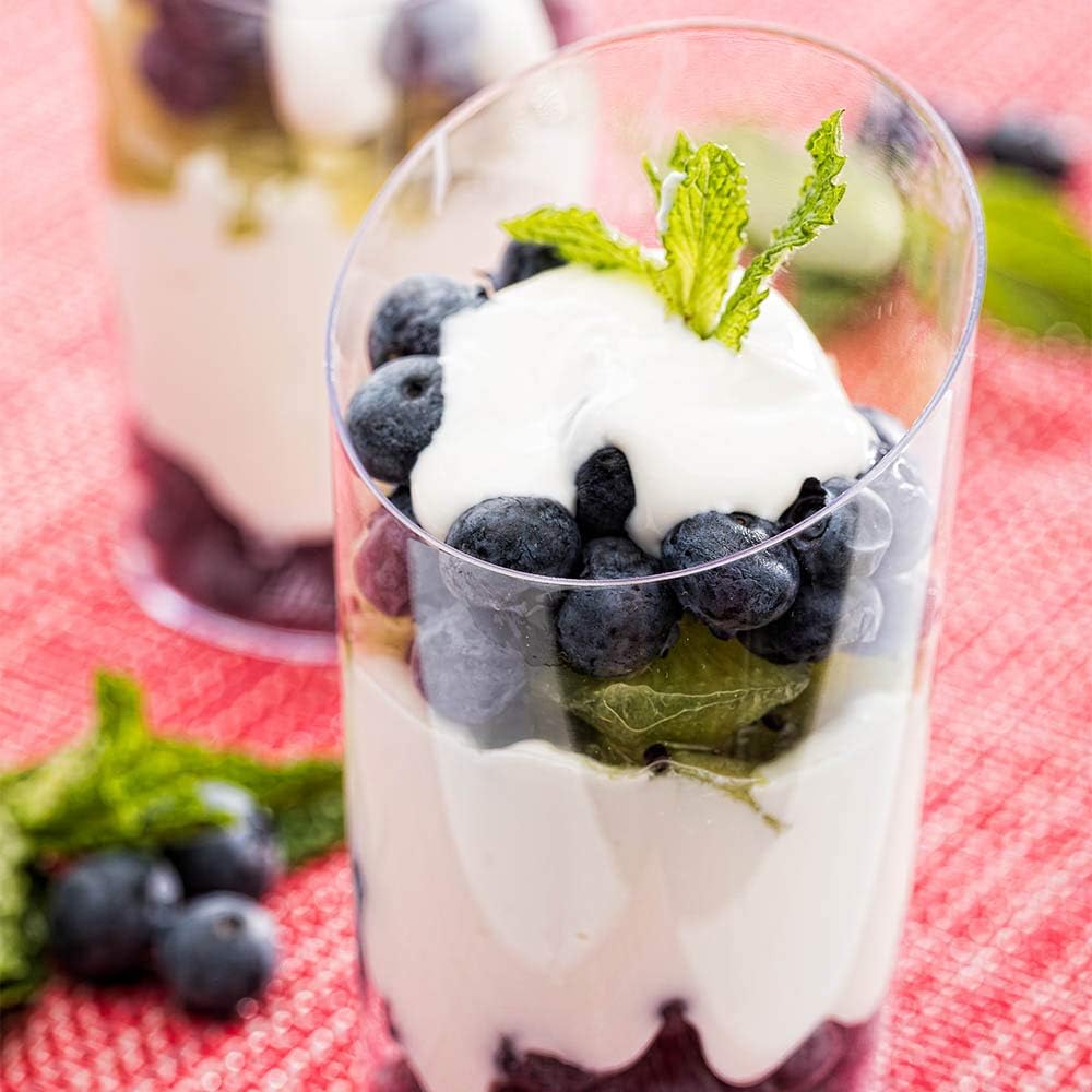 Restaurantware 5 Ounce Mini Dessert Cups 100 Disposable Parfait Cups - Round Slanted Clear Plastic Shooter Cups Serve Appetizers Snacks or Samples For Weddings Catered Events or Parties