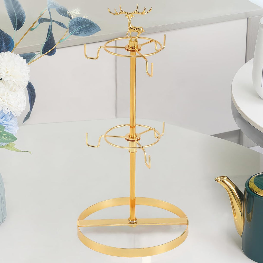 Coffee Mug Tree Holder for Counter,Double Tier Mug TeaCup Metal Holders Countertop,Coffee Mug Tea Cup Stand Rack for Counter Top 6 Hooks(Gold,Elk Deer)