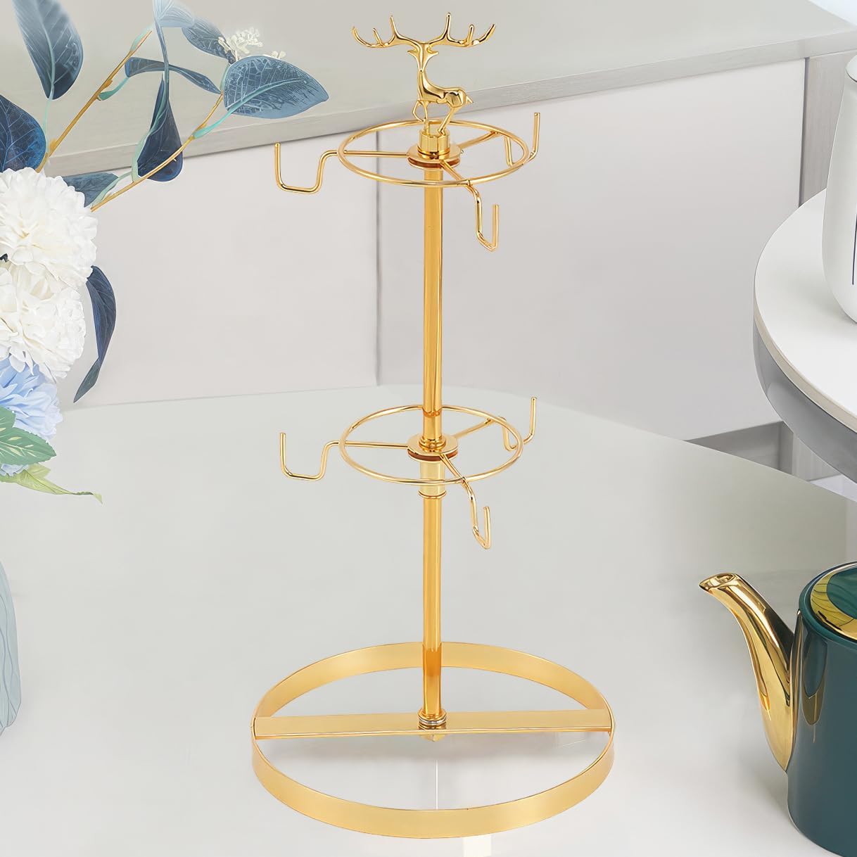 Coffee Mug Tree Holder for Counter,Double Tier Mug TeaCup Metal Holders Countertop,Coffee Mug Tea Cup Stand Rack for Counter Top 6 Hooks(Gold,Elk Deer)