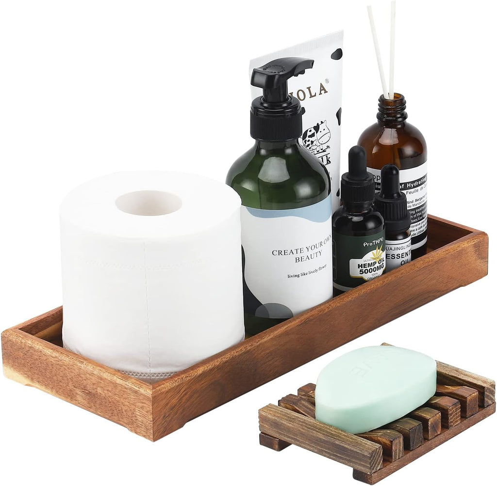 Farmhouse Wooden Vanity Tray Small Rectangle, Rustic Bathroom Tray Bathroom Organizer, Cosmetics Holder for Tissue Towel Jewelry Ring Dish Dresser Perfume, Decor Box (Brown, 4.8" W11.5 Lx1.2 H)